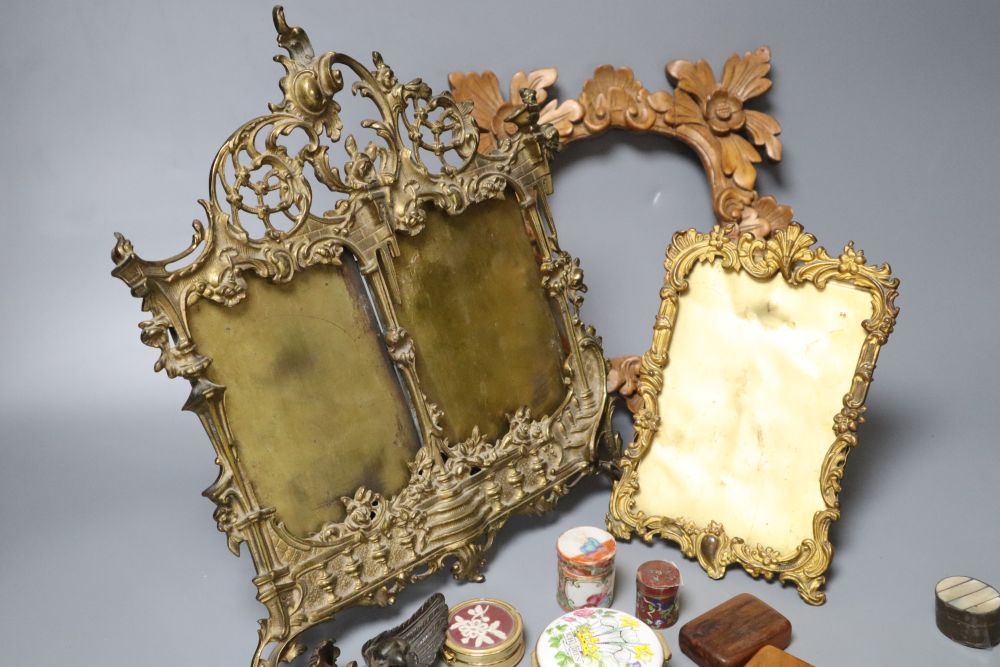 Miscellaneous items including pine frame, mini easel, two brass frames, eight silver plated fish knives and forks, nine small boxes, ea